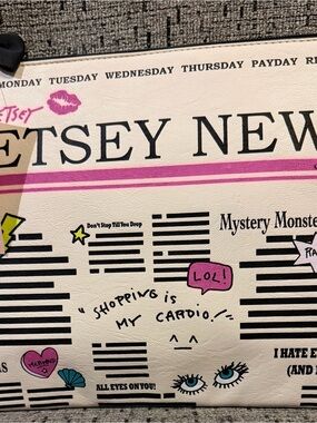 Betsey Johnson White Clutch with Black Newspaper Print and Pink Accents